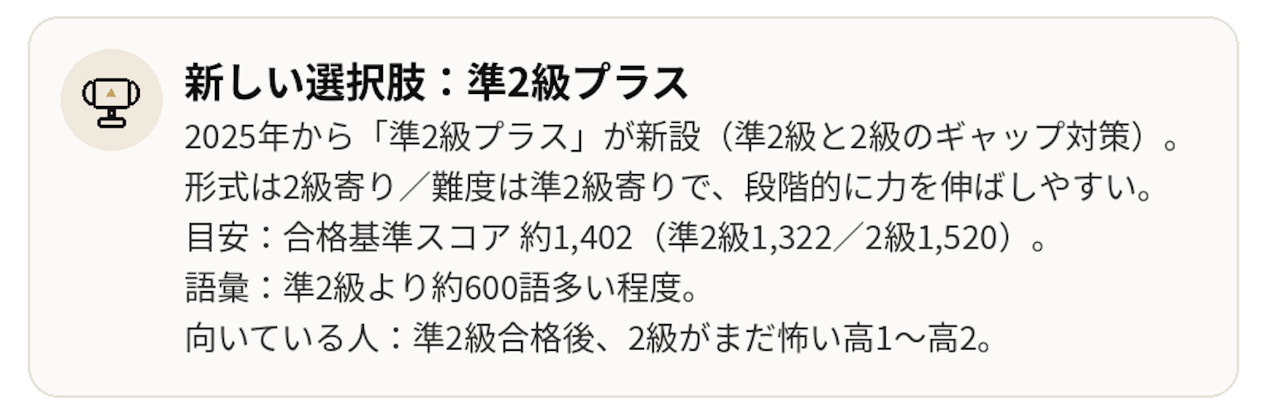 英検は準2級か2級かの判断方法。準2級と2級の違い（レベル・語彙・話題・Writing・Speaking）、準2級プラス、最短合格スケジュール、家庭でできる4つのサポートをまとめた図